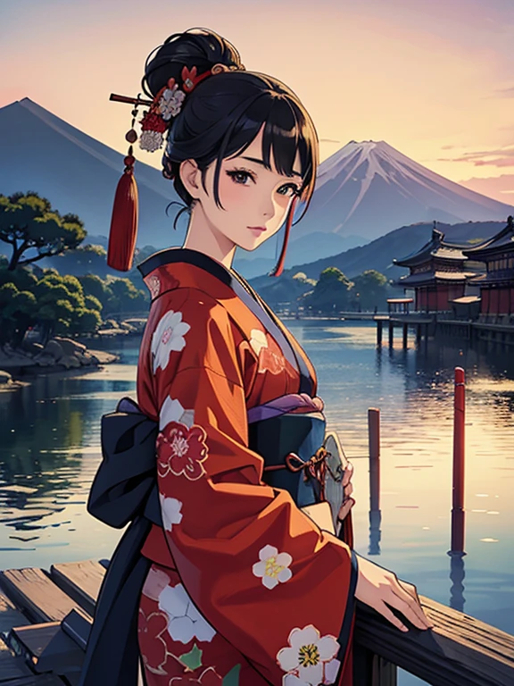 (Highest quality、masterpiece、High resolution、8K)、Vibrant colors、Ukiyo-e、Utamaro、Kimono Beauty、river、Mount Fuji in the distance、Japanese Landscape、Official Art、