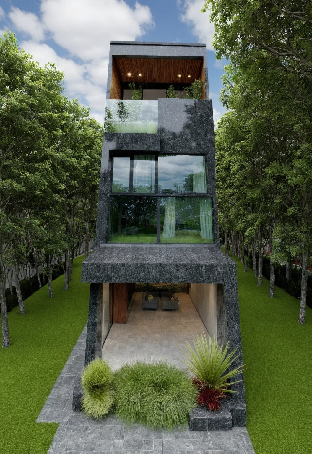 house exterior, modern style, colorful wall, dark granite wall, white ceiling, glass door, glass window, (actual: 1.2), Masterpiece, high quality, best quality, Realistic, super detailed, outdoor, road, sidewalk, grass, trees, sky, clouds, (daylight:1.1)