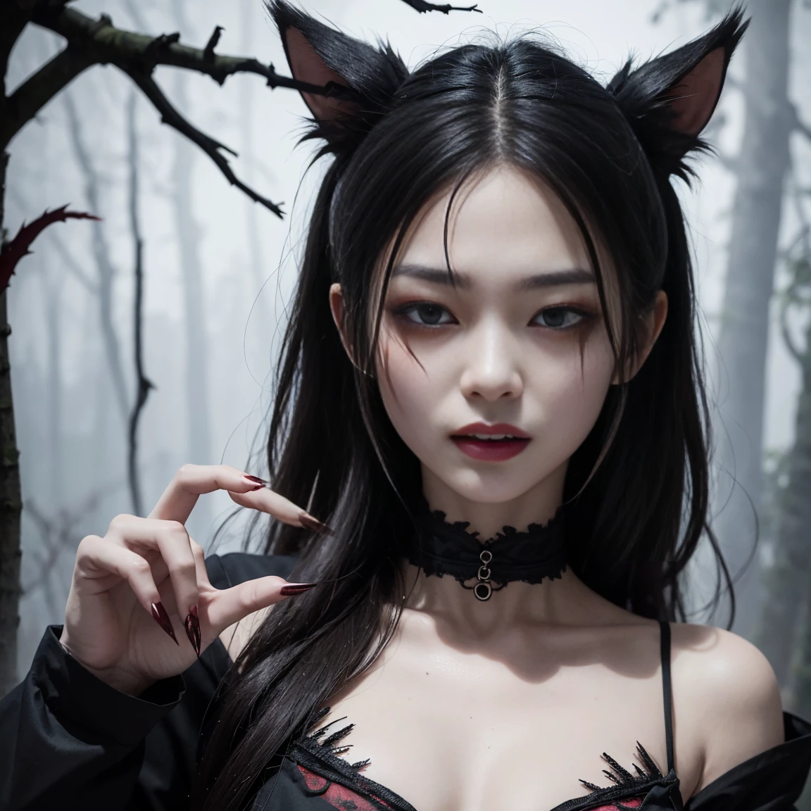 Generate a terrifying image of Kijo, a demonic woman with a fierce expression, sharp fangs, and long, wild hair. She should be wearing tattered clothes, with bloodstains and a sinister aura. The setting should be a dark, eerie forest or an abandoned house, with an atmosphere of fear and danger.
