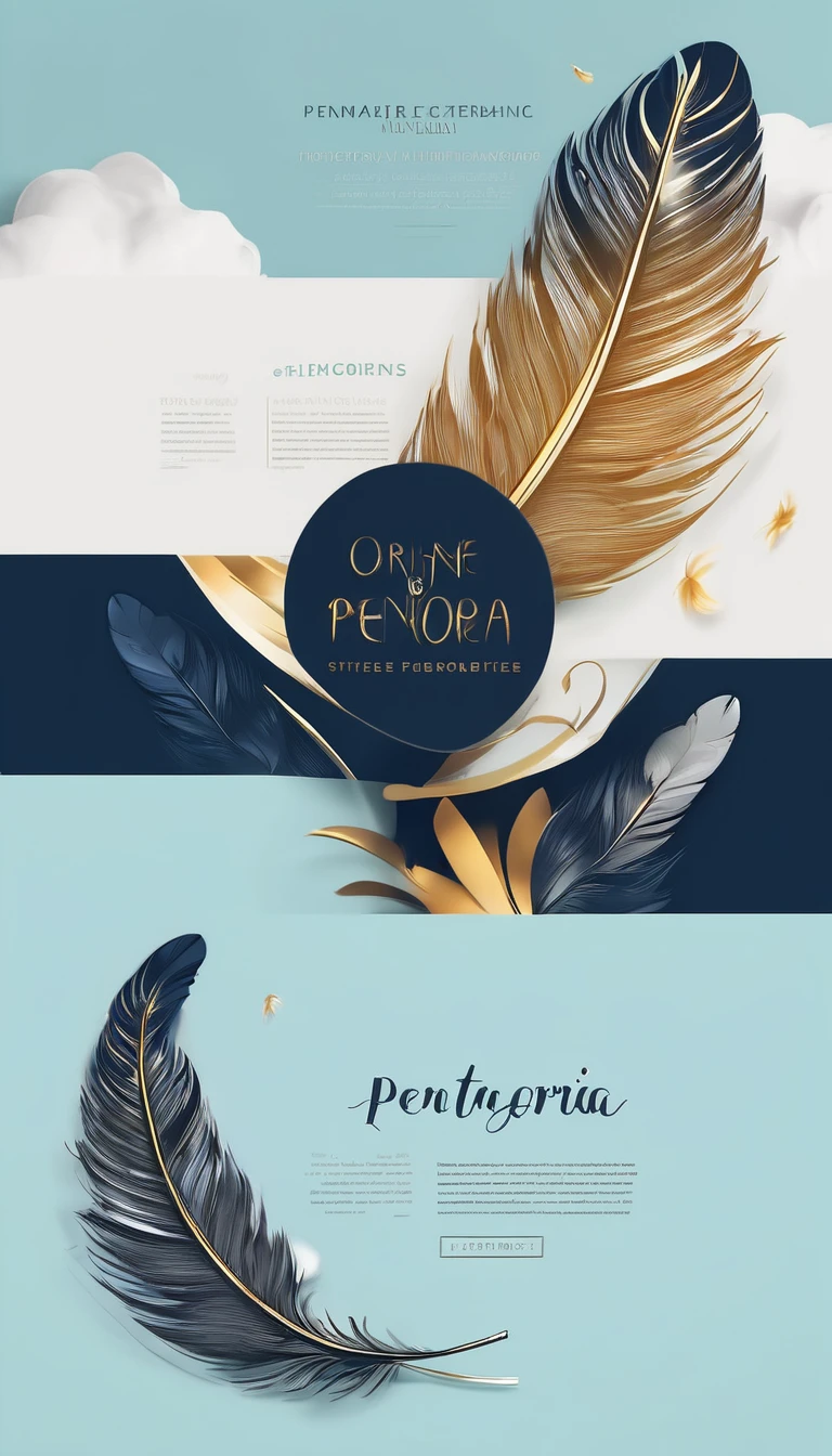 Create a professional, fantastic, cinematic dream-like Youtube Banner for a brand about music, stories, fantasy and dreams called " Penamemoria". Masterpiece, 4k, sharp focus, highest quality,wide shot. The title is " Penamemoria". Is a brand about the creative, unique journey of a boy into becoming a musician storyteller. In his journey he finds inspiration in a world of birds and feathers. Minimalistic, simple, poetic, dreamy logotype at the center of the image. The Background image is a world full of fantastic feathers, unique birds, light blue sky, soft white and light golden. Logo design of a face of a boy and a face of a feather