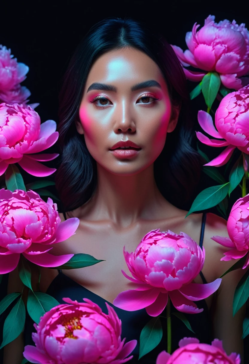 a woman with glowing neon peonies ultra detail, perfect symmetry, 4k flawless skin, photo captured by an Arriflex 35BL camera using Canon K25 prime lenses, cinematic, dramatic lighting, ultra clear, breathtaking surreal masterpiece. sensual pose