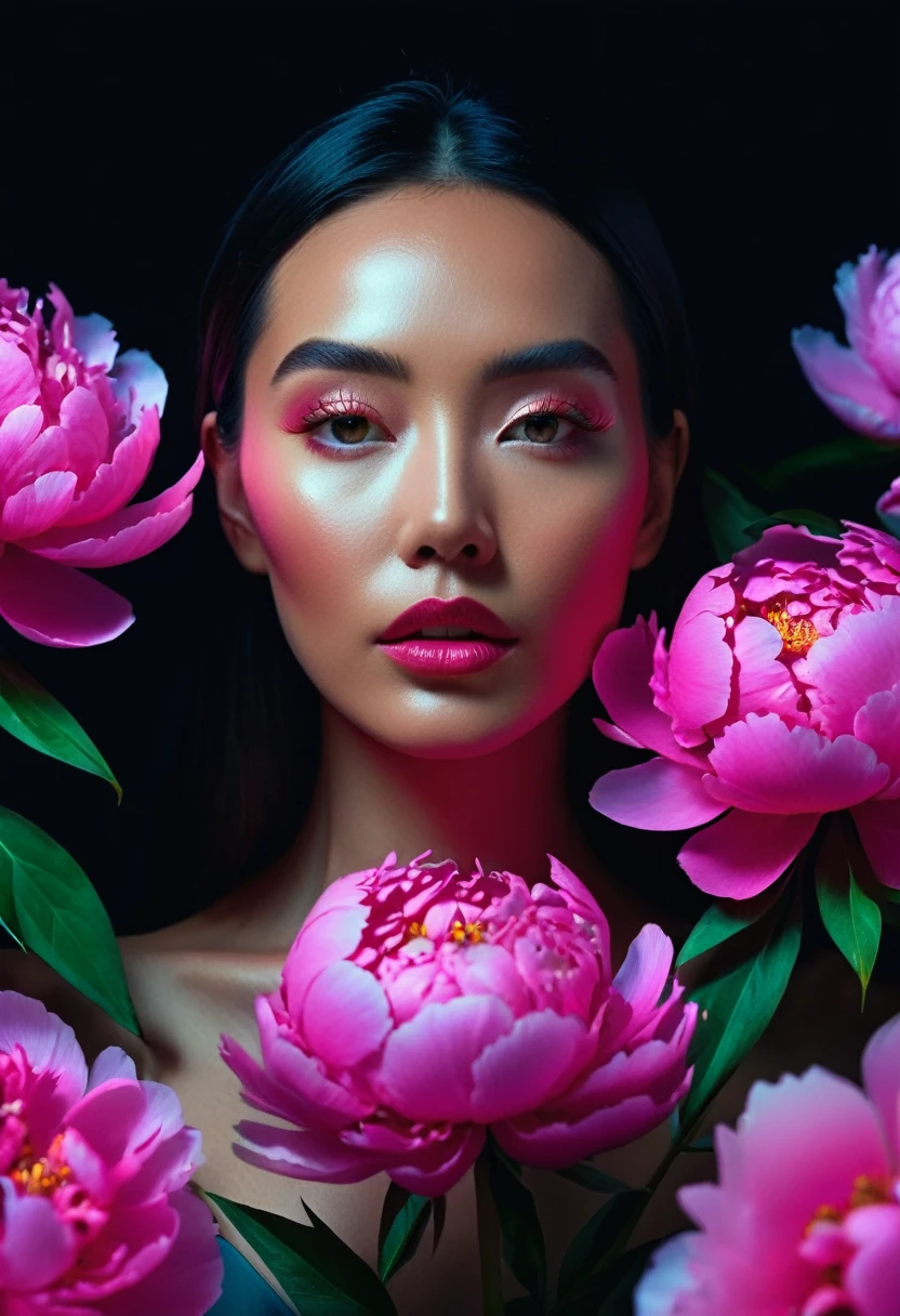 a woman with glowing neon peonies ultra detail, perfect symmetry, 4k flawless skin, photo captured by an Arriflex 35BL camera using Canon K25 prime lenses, cinematic, dramatic lighting, ultra clear, breathtaking surreal masterpiece. sensual pose