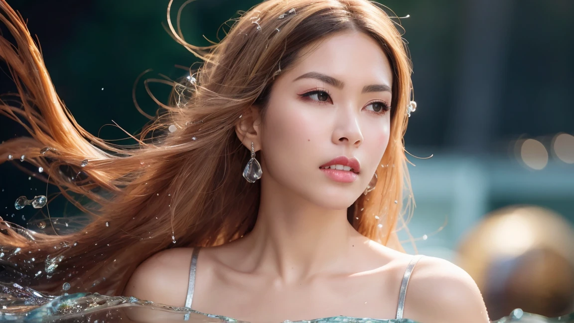 best quality, masterpiece, realistic, adult female, messy [updo|hanging] hair, (full body:0.6), solo, (full body:0.6), looking down, detailed background, detailed face, Sc3pt4, scifi theme:1.1), mercury-wizard, melancholic, surrounded by waves of iridescent silver, alchemical imagery, reflections, silver-colored fluid, metallic sheen, shiny, dynamic pose, fluid movement, floating particles, droplets of mercury, flowing metal, blending mercury, foreign planet in background, dripping mercury formations, volumetric lighting, cinematic atmosphere, sharp details, high detail skin, realistic skin texture, perfect eyes, white dress,