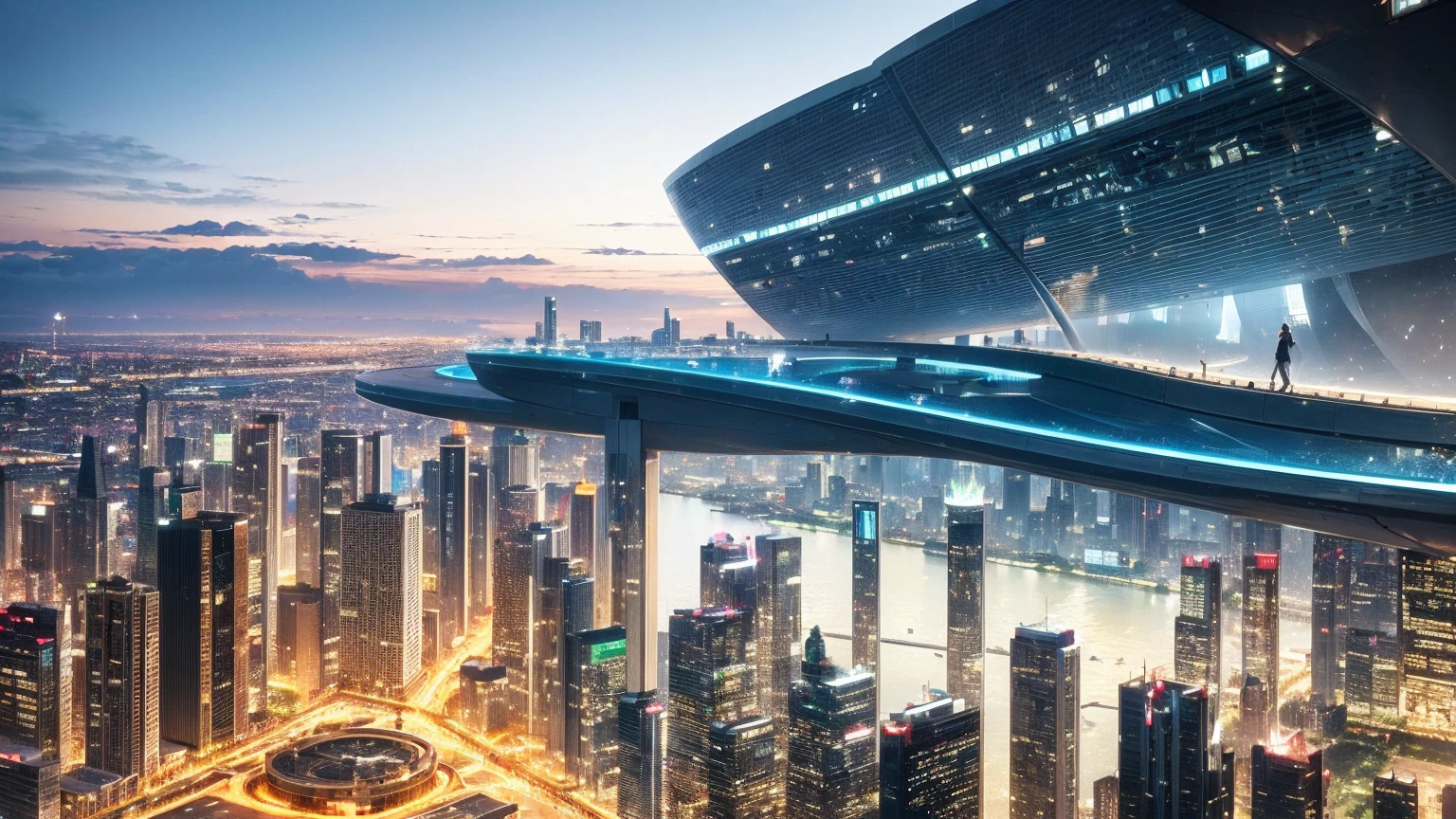 (Best quality,4K,8K,A high resolution,Masterpiece:1.2),Ultra-detailed,(Realistic,Photorealistic,photo-realistic:1.37),Futuristic floating city,Futuristic technology,Huge urban high-tech tablet platform,Airship,Floating in the sky,Futuristic city,Small airships around,High-tech hemispherical platform,Colorful lights,Advanced architecture,modernn architecture,skyscrapper,Access the cloud,Scenic beauty,view over city,Impressive design,Blend seamlessly with nature,energetic and vibrant atmosphere,Futuristic transportation system,Parking is suspended,Transparent path,Lush greenery,Sky gardens,cascading waterfalls,Magnificent skyline,reflections on the water,Sparkling river,Architectural innovation,futuristic skyscrapers,Transparent dome,The shape of the building is unusual,Elevated walkway,Impressive skyline,Glowing lights,Futuristic technology,Minimalist design,Scenic spots,Panoramic view,Cloud Piercing Tower,Vibrant colors,epic sunrise,epic sunset,Dazzling light display,magical ambiance,The future city,Urban Utopia,LuxuryLifestyle,Innovative energy,sustainable development,Smart city technology,Advanced infrastructure,Tranquil atmosphere,Nature and technology live in harmony,Awesome cityscape,Unprecedented urban planning,Architecture connects seamlessly with nature,High-tech metropolis,A cutting-edge engineering marvel,The future of urban living,Visionary architectural concept,Energy-efficient buildings,Harmony with the environment,A city floating above the clouds,Utopian dreams become reality,The possibilities are endless,State-of-the-art transportation network,Green energy integration,Innovative materials,Impressive holographic display,Advanced communication system,Breathtaking aerial view,Quiet and peaceful environment,Modernist aesthetics,Ethereal beauty