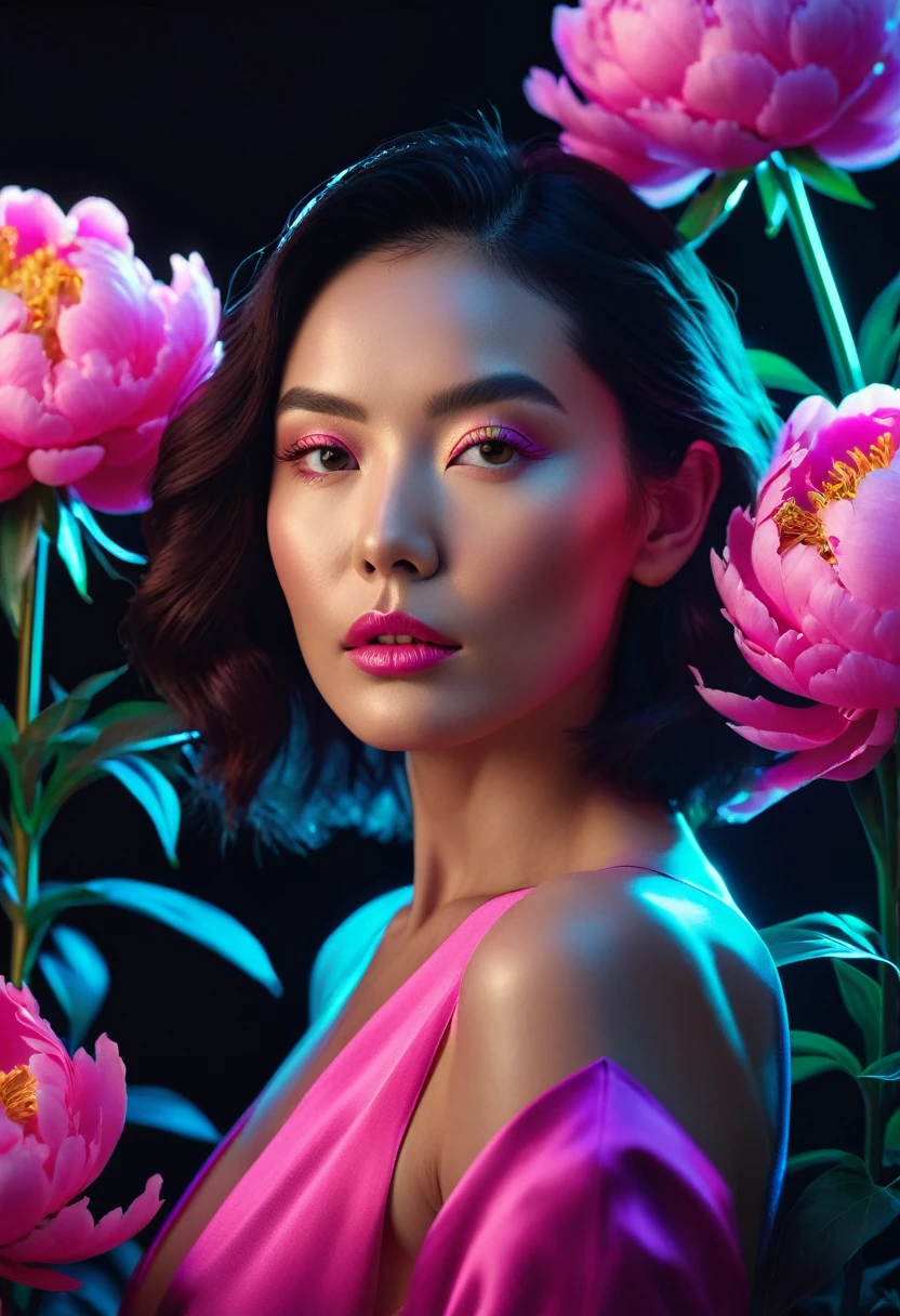 a woman with glowing neon peonies ultra detail, perfect symmetry, 4k flawless skin, photo captured by an Arriflex 35BL camera using Canon K25 prime lenses, cinematic, dramatic lighting, ultra clear, breathtaking surreal masterpiece. sensual pose