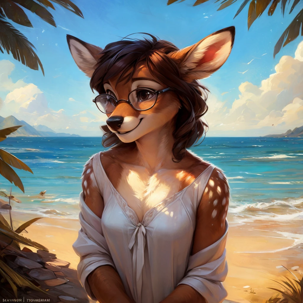 uploaded on e621, by Pixelsketcher, by Bayard Wu, by Thomas Benjamin Kennington , by Einshelm, by hioshiru and kenket, Chunie, portrait, solo anthro female deer doe, with small featureless breasts, clear dark blue, cinematic lighting, day, sunny day, beach, stays in the sea, sea background, mediterranean background, horizon background, shiny, short curly dark brown hair, wears big black nerd glasses, very very beautiful furry art, furry art, smiling, joyful, shiny, happy, feminine, cute face, muzzle, fluffy chest, flawless face, Fallow deer, 1girl, Sakimichan is beautiful, Masterpiece, Wavethesallow Face, shiny, Detailed image, portrait, Detailed image, portrait, full body, wearing wide, long, white blouse, shiny, realistic face, perfect anatomy, hourglass body, (furry body:1.1), anthropomorphic deer, small fluffy tail, detailed background, (cute anatomy:1.1), windy, smiling, very happy, happy
