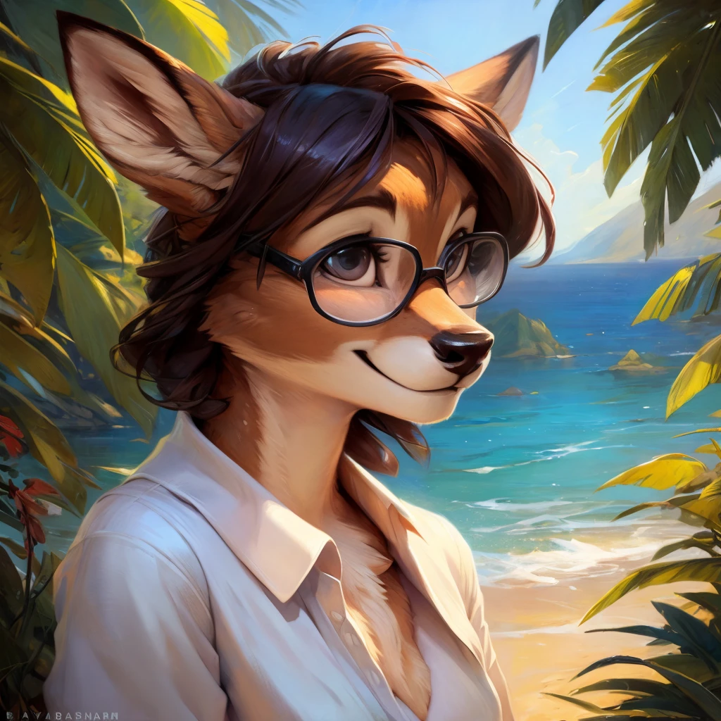 uploaded on e621, by Pixelsketcher, by Bayard Wu, by Thomas Benjamin Kennington , by Einshelm, by hioshiru and kenket, Chunie, portrait, solo anthro female deer doe, with small featureless breasts, clear dark blue, cinematic lighting, day, sunny day, beach, stays in the sea, sea background, mediterranean background, horizon background, shiny, short curly dark brown hair, wears big black nerd glasses, very very beautiful furry art, furry art, smiling, joyful, shiny, happy, feminine, cute face, muzzle, fluffy chest, flawless face, Fallow deer, 1girl, Sakimichan is beautiful, Masterpiece, Wavethesallow Face, shiny, Detailed image, portrait, Detailed image, portrait, full body, wearing wide, long, white blouse, shiny, realistic face, perfect anatomy, hourglass body, (furry body:1.1), anthropomorphic deer, small fluffy tail, detailed background, (cute anatomy:1.1), windy, smiling, very happy, happy