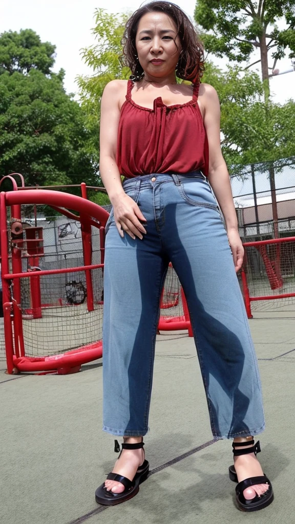1woman,fullbody,(masterpiece:1.5),photo-realistic,16k,(beautiful 40s japanese plump lady:1.4),(crowded playground:1.6),(frilled blouse:1.5),(jeans:1.3),(sandals:1.5),(handing on wetting crotch with both hands:1.4),(whimpering:1.3),(panicking:1.3),(crying:1.3),(wetting:1.7),(dripping pee:1.4),brown straight medium hair,black eyes,makeup,lipstick,eyeliner,mascara,eyeshadow