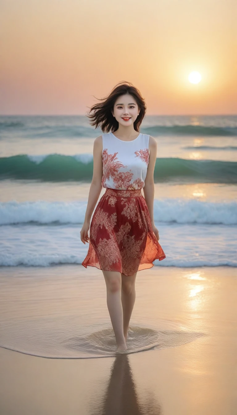 beautiful korean girl, Chest size 34 inches, Wear sleeveless, light skirt, Sunset The entire beach is dyed red. beautiful pretty woman look , wearing a light skirt , Go far into the sea water and dip your toes., Short medium hair blowing in the wind, 1 woman, beautiful eyes, a little smile, Full body photo from a distance with a wide angle lens.