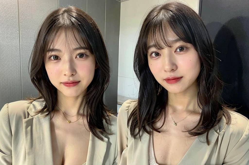 Pictured alone、The valley is visible、白いシャツの上からBlack jacket、Black jacket、Poses that emphasize cleavage、Very large breasts、Big Breasts、ボタンシャツからThe valley is visible、Japanese office lady clothes、Photographed in natural light、Highly detailed face and skin texture、Highly detailed lips、The correct state of the human body、Ultra-high resolution、(Photorealistic:1.4)、Highest quality, One beautiful woman, 30 years old, s, Selfie with mobile phone、Selfie style、Office Style Background,Concrete Background、Tile Background、(Dark brown long hair)、Black-haired、Long hair Japanese woman、(Dark brown hair)、Various poses、profile、Natural color lip、Spring Clothes、 necklace