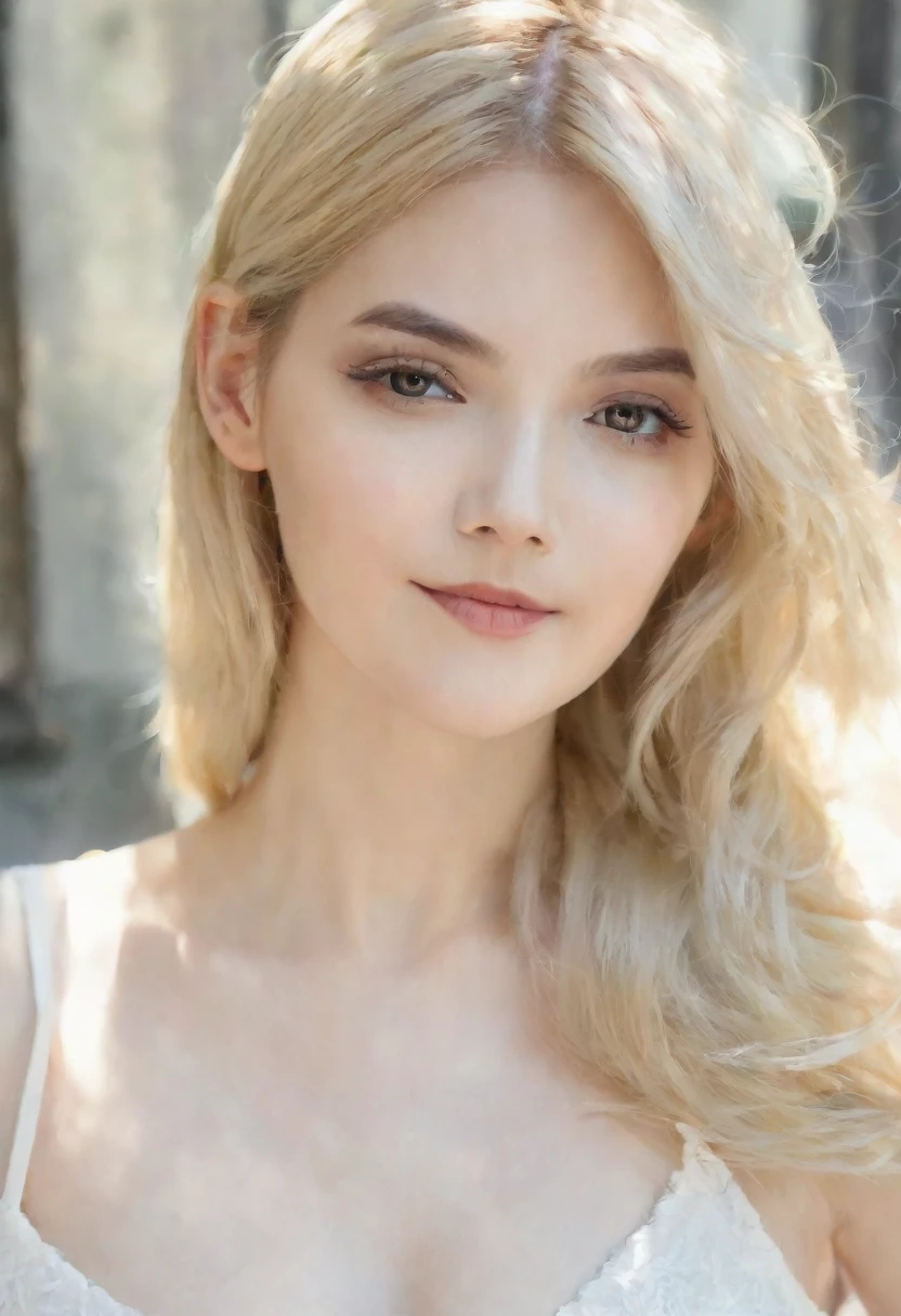 （（（European Caucasian Woman）））、（（（Mary, 18 years old）））、one person、（Thin contours、Grey Eye:1.5）、（Thin contours）、Big Breasts、Narrow waist、（（（White and translucent skin:1.3）））、Beautiful, shiny blonde medium-long hair、8-head-tall model style、Waist-down angle、Tokyo city、