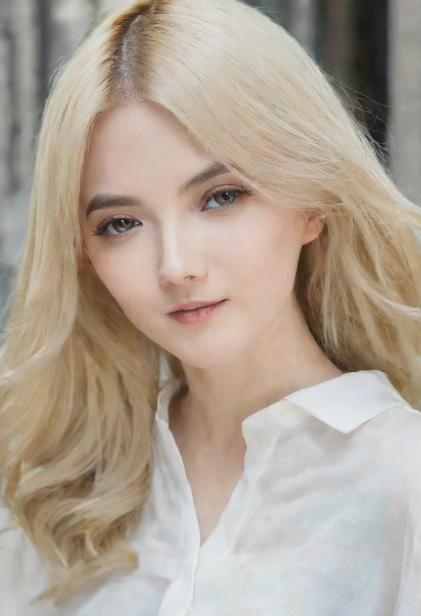 （（（European Caucasian Woman）））、（（（Mary, 18 years old）））、one person、（Thin contours、Grey Eye:1.5）、（Thin contours）、Big Breasts、Narrow waist、（（（White and translucent skin:1.3）））、Beautiful, shiny blonde medium-long hair、8-head-tall model style、Waist-down angle、Tokyo city、