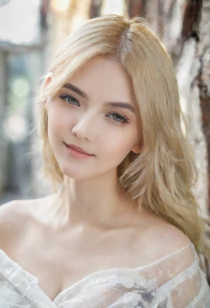 （（（European Caucasian Woman）））、（（（Mary, 18 years old）））、one person、（Thin contours、Grey Eye:1.5）、（Thin contours）、Big Breasts、Narrow waist、（（（White and translucent skin:1.3）））、Beautiful, shiny blonde medium-long hair、8-head-tall model style、Waist-down angle、Tokyo city、