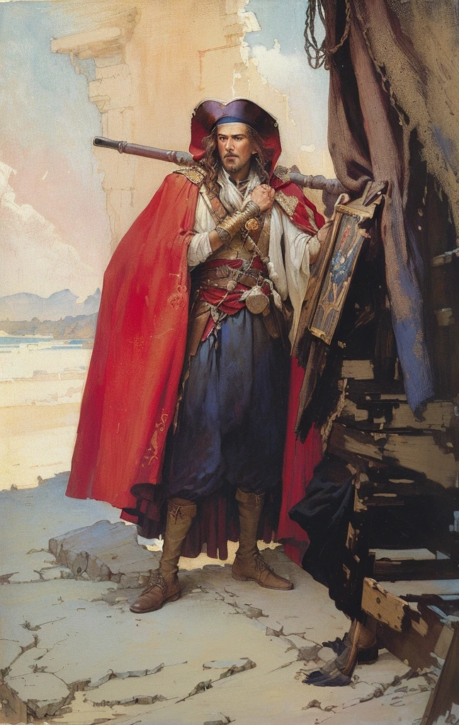 painting of a man in a red cape and a red cape, by Howard Pyle, inspired by Howard Pyle, by William York Macgregor, nc wyeth, portrait of bedouin d&d, by N.C. Wyeth, by N. C. Wyeth, nc wyeth painting, a pirate, arthur rackham. masterpiece