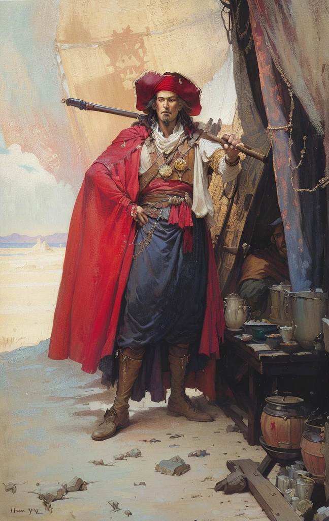 painting of a man in a red cape and a red cape, by Howard Pyle, inspired by Howard Pyle, by William York Macgregor, nc wyeth, portrait of bedouin d&d, by N.C. Wyeth, by N. C. Wyeth, nc wyeth painting, a pirate, arthur rackham. masterpiece