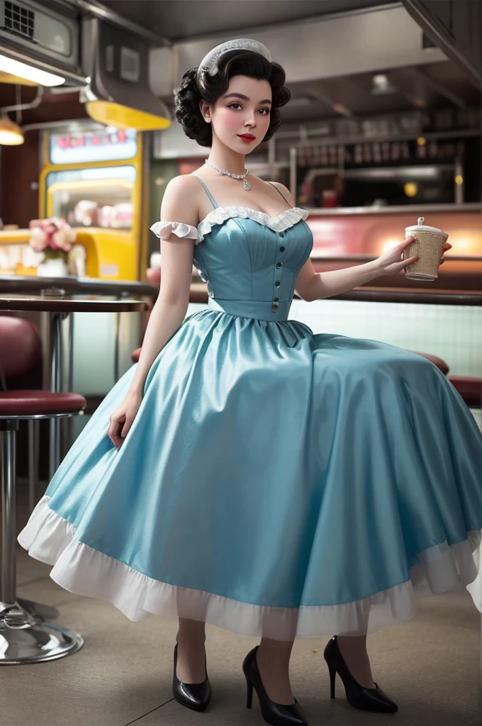 1girl dressed in a 1950s-inspired dress, complete with a full skirt and white crinoline petticoat, her hair styled in classic pin curls. She should be seated at an old-fashioned diner, surrounded by vintage details like a jukebox, chrome accents, and neon signs. Her eyes should be sparkling with excitement, her skin flawless and glowing under the soft, dramatic lighting. (full body:1.5), photorealistic, 8k, This scene should be captured on 35mm film, with a beautiful depth of field and a slightly blurry, nostalgic background, filmg,
