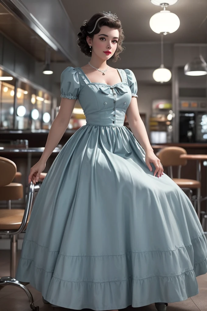 1girl dressed in a 1950s-inspired dress, complete with a full skirt and white crinoline petticoat, her hair styled in classic pin curls. She should be seated at an old-fashioned diner, surrounded by vintage details like a jukebox, chrome accents, and neon signs. Her eyes should be sparkling with excitement, her skin flawless and glowing under the soft, dramatic lighting. (full body:1.5), photorealistic, 8k, This scene should be captured on 35mm film, with a beautiful depth of field and a slightly blurry, nostalgic background, filmg,