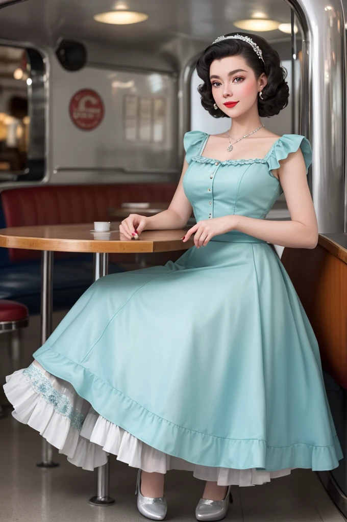 1girl dressed in a 1950s-inspired dress, complete with a full skirt and white crinoline petticoat, her hair styled in classic pin curls. She should be seated at an old-fashioned diner, surrounded by vintage details like a jukebox, chrome accents, and neon signs. Her eyes should be sparkling with excitement, her skin flawless and glowing under the soft, dramatic lighting. (full body:1.5), photorealistic, 8k, This scene should be captured on 35mm film, with a beautiful depth of field and a slightly blurry, nostalgic background, filmg,
