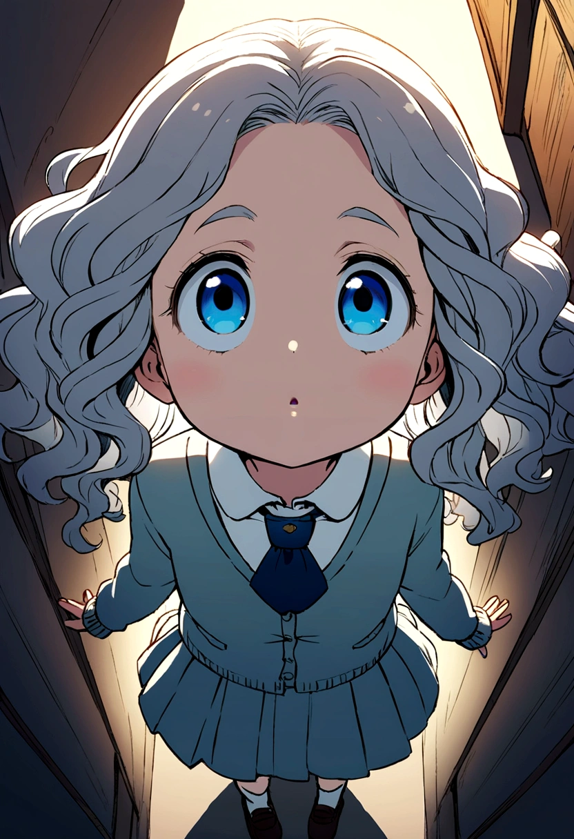 Anime illustration A neat and tidy childhood friend's older sister In town Gray wavy hair, big blue eyes Drooping eyes cardigan school uniform mini skirt Looking up Flat fill