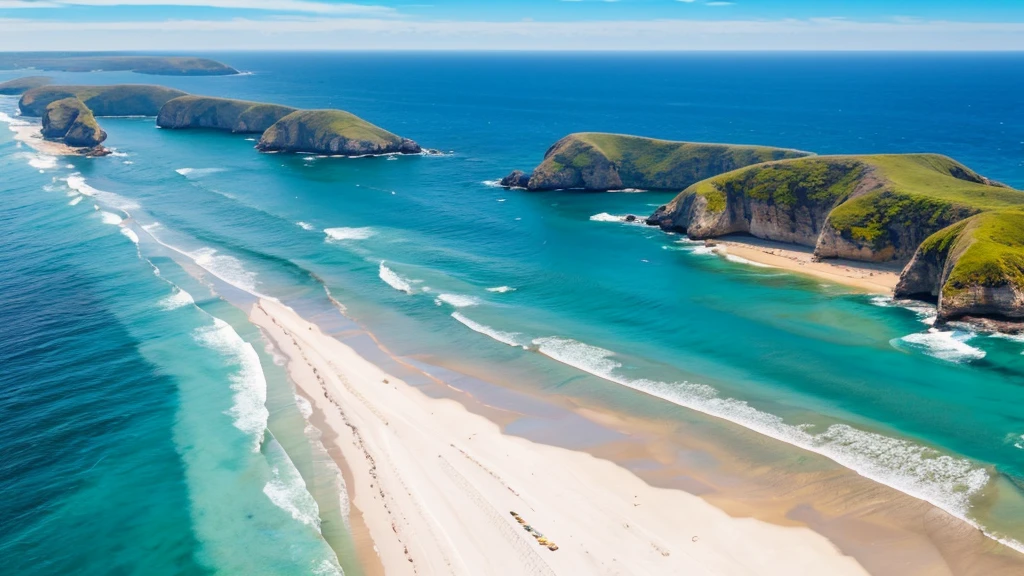 landscape photo 4k high detail beach midday noon sun bright white sand crystal blue water waves surf horizon vanishing point flat