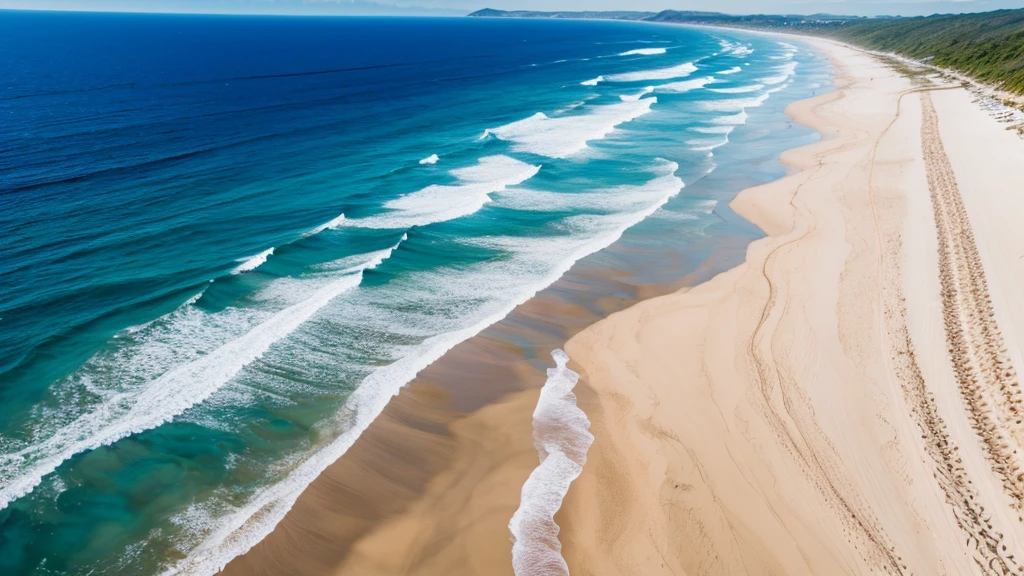 landscape photo 4k high detail beach midday noon sun bright white sand crystal blue water waves surf horizon vanishing point flat