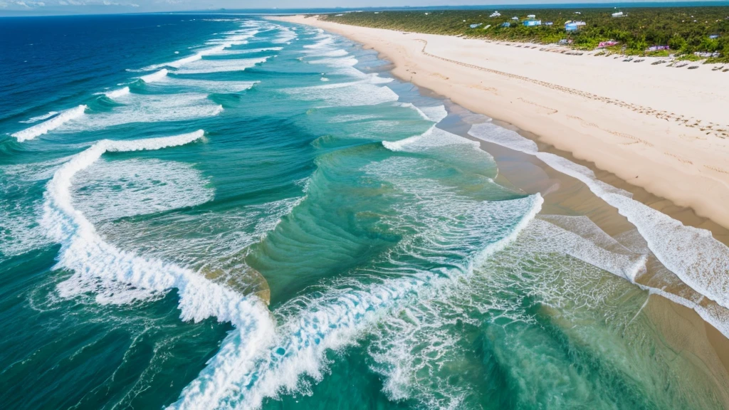 landscape photo 4k high detail beach midday noon sun bright white sand crystal blue water waves surf horizon vanishing point flat