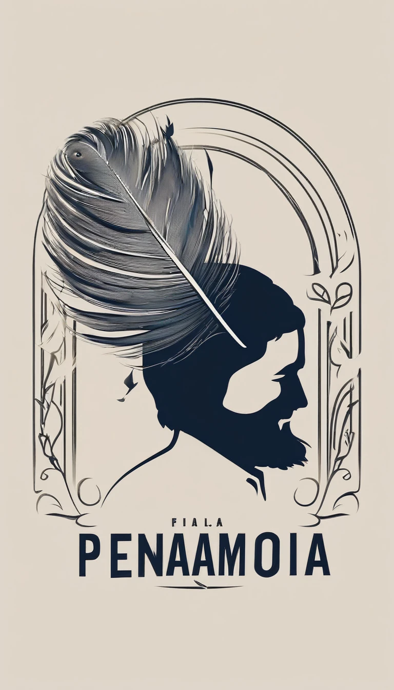 A minimal, modern, simple, cinematic logo design for the brand “Penamemoria". The logotype of a boy with a head of a feather playing acoustic guitar. The logo must convey a sense of music, stories and dreams. Minimalistic logo design of a boy dissolving into a feather of dreams and memories