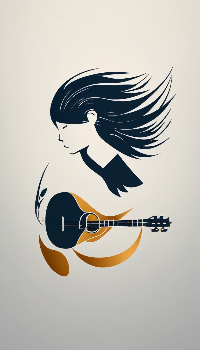 A minimal, modern, simple, cinematic logo design for the brand “Penamemoria". The logotype of a boy with a head of a feather playing acoustic guitar. The logo must convey a sense of music, stories and dreams. Minimalistic logo design of a boy dissolving into a feather of dreams and memories
