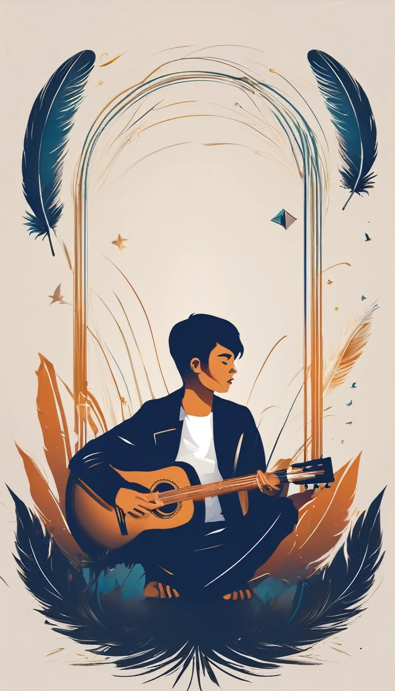 A minimal, modern, simple, cinematic logo design for the brand “Penamemoria". The logotype of a boy with a head of a feather playing acoustic guitar. The logo must convey a sense of music, stories and dreams. Minimalistic logo design of a boy dissolving into a feather of dreams and memories