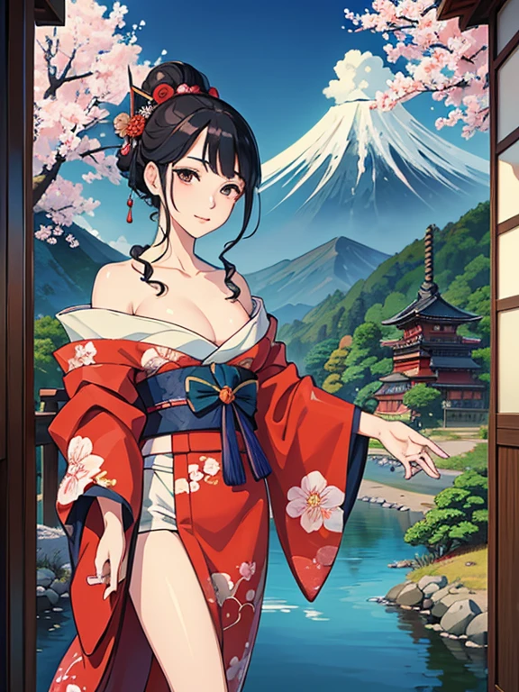 (Highest quality、masterpiece、High resolution、8K)、Vibrant colors、Ukiyo-e、Utamaro、Kimono Beauty、river、Mount Fuji in the distance、Japanese Landscape、Official Art、