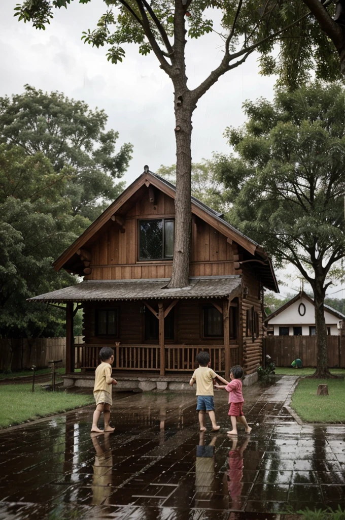 (Masterpiece),(Top Quality),(Super Detail),(Telegraph:1.2), ???, Cute, Smile, 2boys of 8yo and 2girls of 8yo, Troublemaker, Do you want to climb a tree or climb to the sky? modern Koreans, black hair,