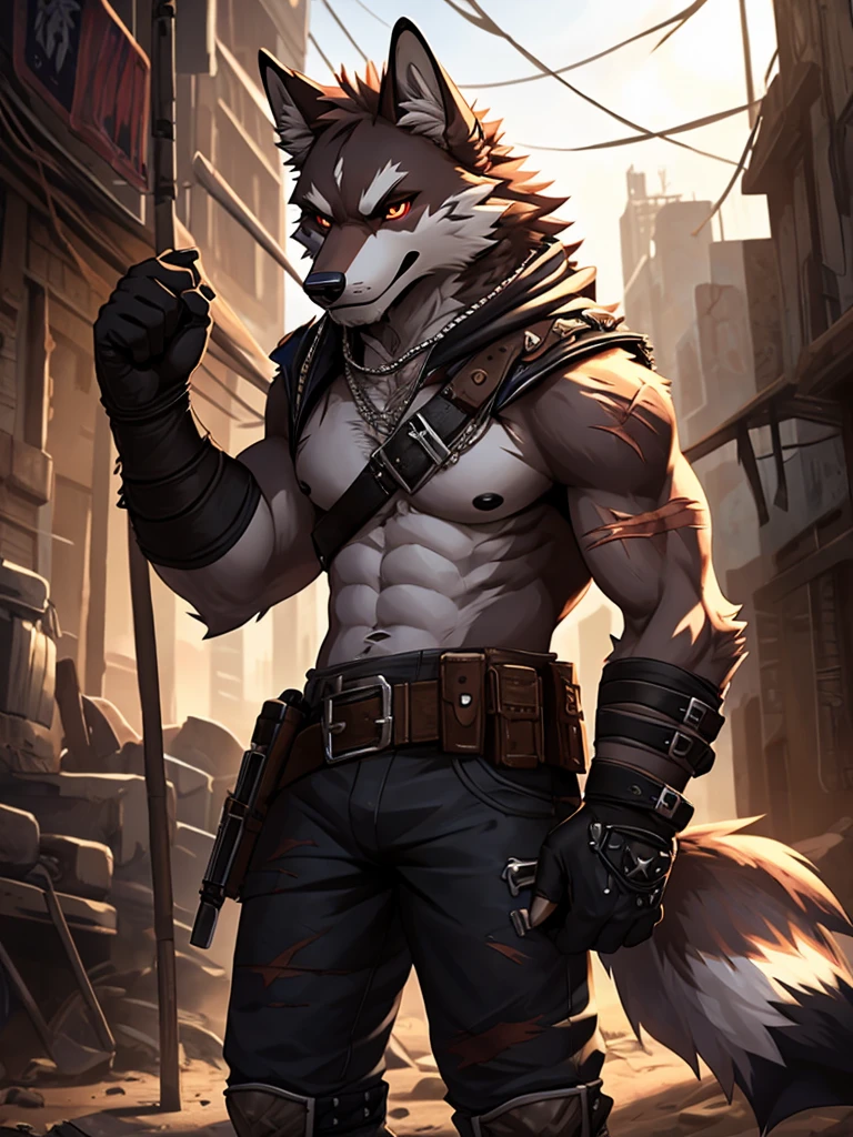 masterpieceы, fluffy, male, anthropomorphic, dark red wolf, Vein, slim build, tender eyes, Españolca, gray fur, White underbelly, shiny body, terrorist, Bandit, Punk, depth of field, perfect lighting, (Best quality),(masterpiece),(ultra detailed), sharp focus, Detailed wasteland background, shirtless, huge and juicy black nipples, fierce look, scars, black gloves, skinny black shorts