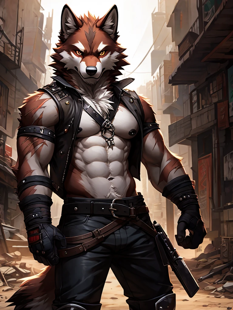 masterpieceы, fluffy, male, anthropomorphic, dark red wolf, Vein, slim build, tender eyes, Españolca, gray fur, White underbelly, shiny body, terrorist, Bandit, Punk, depth of field, perfect lighting, (Best quality),(masterpiece),(ultra detailed), sharp focus, Detailed wasteland background, shirtless, huge and juicy black nipples, fierce look, scars, black gloves, skinny black shorts