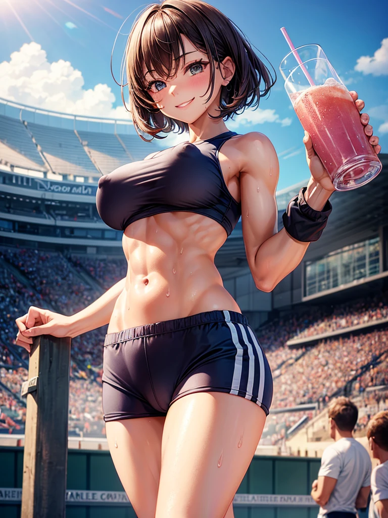 Highest quality,Highest Resolution,Smiling beautiful girl in gym clothes at the stadium,High leg bloomers,Big Breasts,Transparent nipples,Belly button,Abdominal muscles,Muscular,Short Bob,sunny,whole body,sweat profusely,Drinking a bottle of drink,