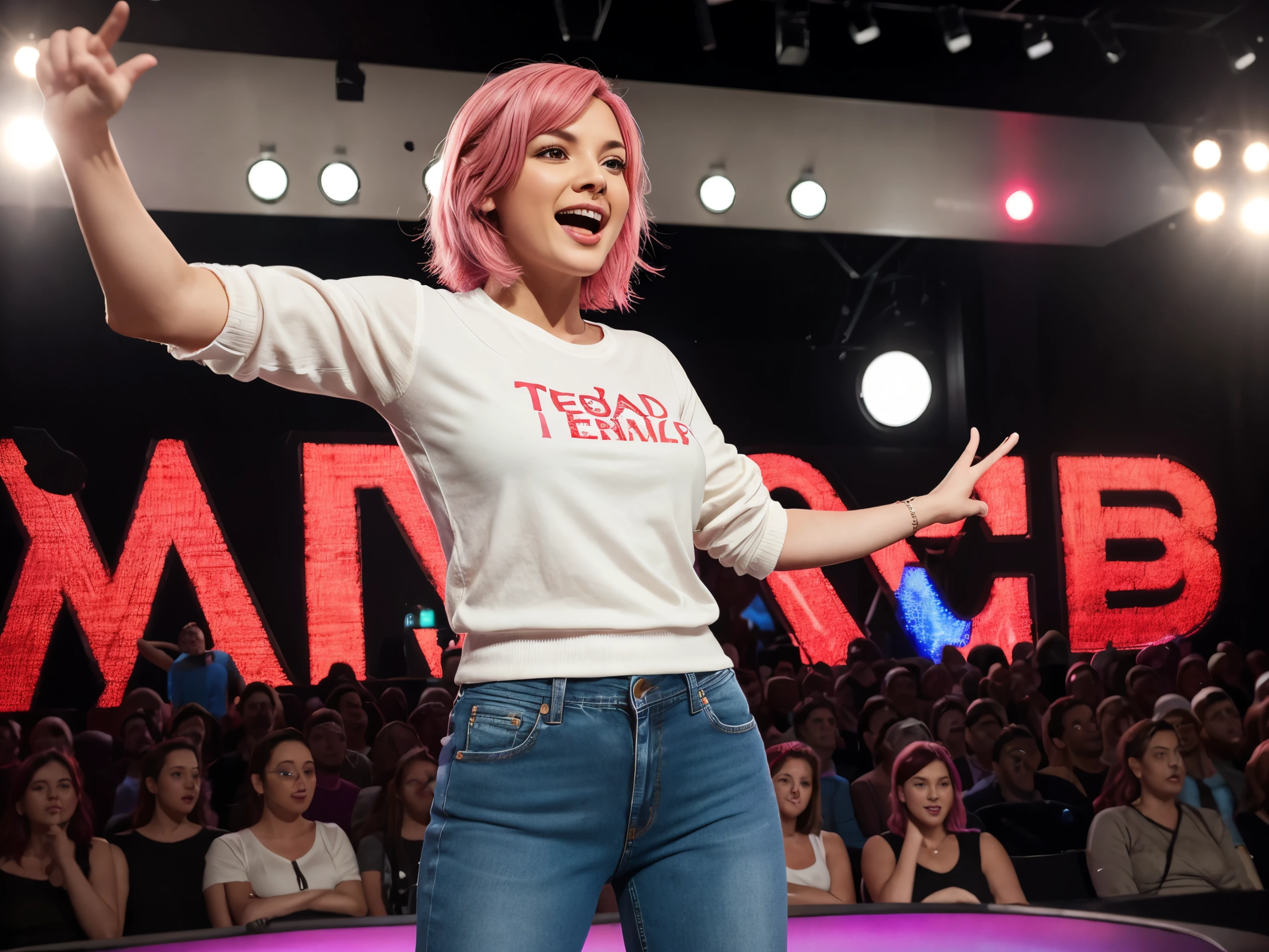 In the image, a young woman with pink hair stands on a TED Talk stage, confidently gesturing with her arms open. She is dressed casually in a colorful sweater vest over a white shirt and loose-fitting jeans. Behind her, the large, iconic red TED letters are prominently displayed against a backdrop of a stage and audience in black and white. The caption reveals that she is practicing for her TED Talk, expressing excitement and engagement with her audience