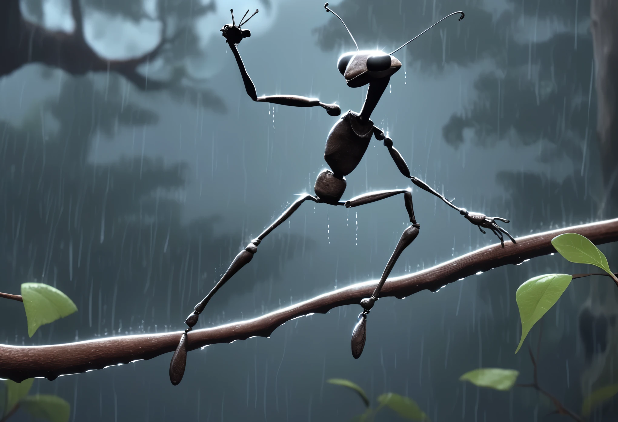 An anthro animated stick insect doing the michael jackson moonwalk dance, in the rain on a tree branch