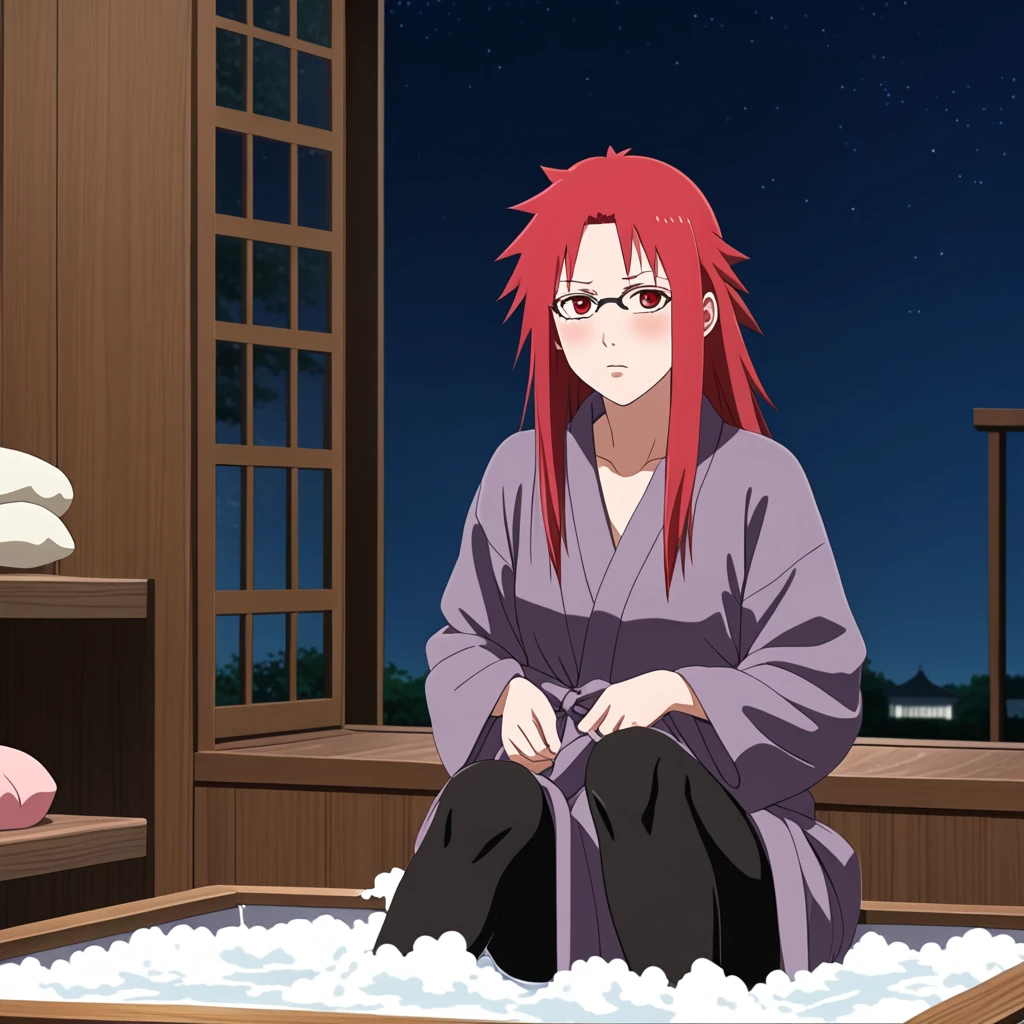 Red hair, 1 Girl, Glasses, Long hair, Red Eyes, Solitary, Long gown, Black over-the-knee stockings, Black shorts, Umbilical cord, Looking at the audience,Medium breasts, Long sleeve, No students, sit,Keep your legs together, zipper,Closed-toe shoes, Japanese cartoons screencap, Japanese cartoons coloring,src_Japanese cartoons,Naruto \(series\), Naruto shippuuden,((blush,nervous,Vision,))masterpiece, absurd , (Intricate details), (Colorful), light, Extremely detailed CG unity 8k wallpaper ,1 Girl, solo,(sit在浴缸里,优雅的sit着,Bathrobe,Keep your clothes conservative,bubble bath,Covered Clothes,Soaked in water,shy,Medium chest, ),sweat,blush,blush1.5,Blush,Medium chest