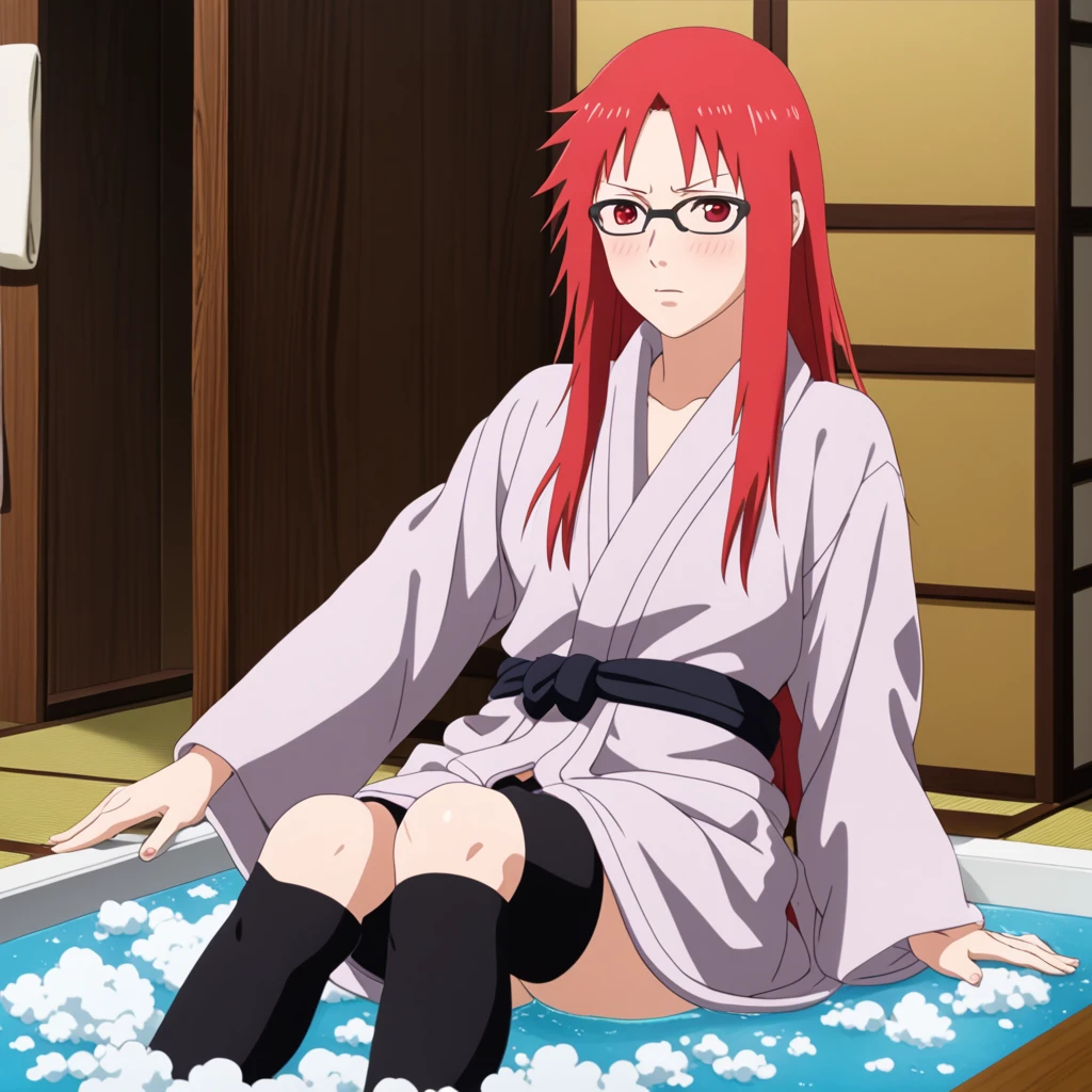 Red hair, 1 Girl, Glasses, Long hair, Red Eyes, Solitary, Long gown, Black over-the-knee stockings, Black shorts, Umbilical cord, Looking at the audience,Medium breasts, Long sleeve, No students, sit,Keep your legs together, zipper,Closed-toe shoes, Japanese cartoons screencap, Japanese cartoons coloring,src_Japanese cartoons,Naruto \(series\), Naruto shippuuden,((blush,nervous,Vision,))masterpiece, absurd , (Intricate details), (Colorful), light, Extremely detailed CG unity 8k wallpaper ,1 Girl, solo,(sit在浴缸里,优雅的sit着,Bathrobe,Keep your clothes conservative,bubble bath,Covered Clothes,Soaked in water,shy,Medium chest, ),sweat,blush,blush1.5,Blush,Medium chest,((night,table,))