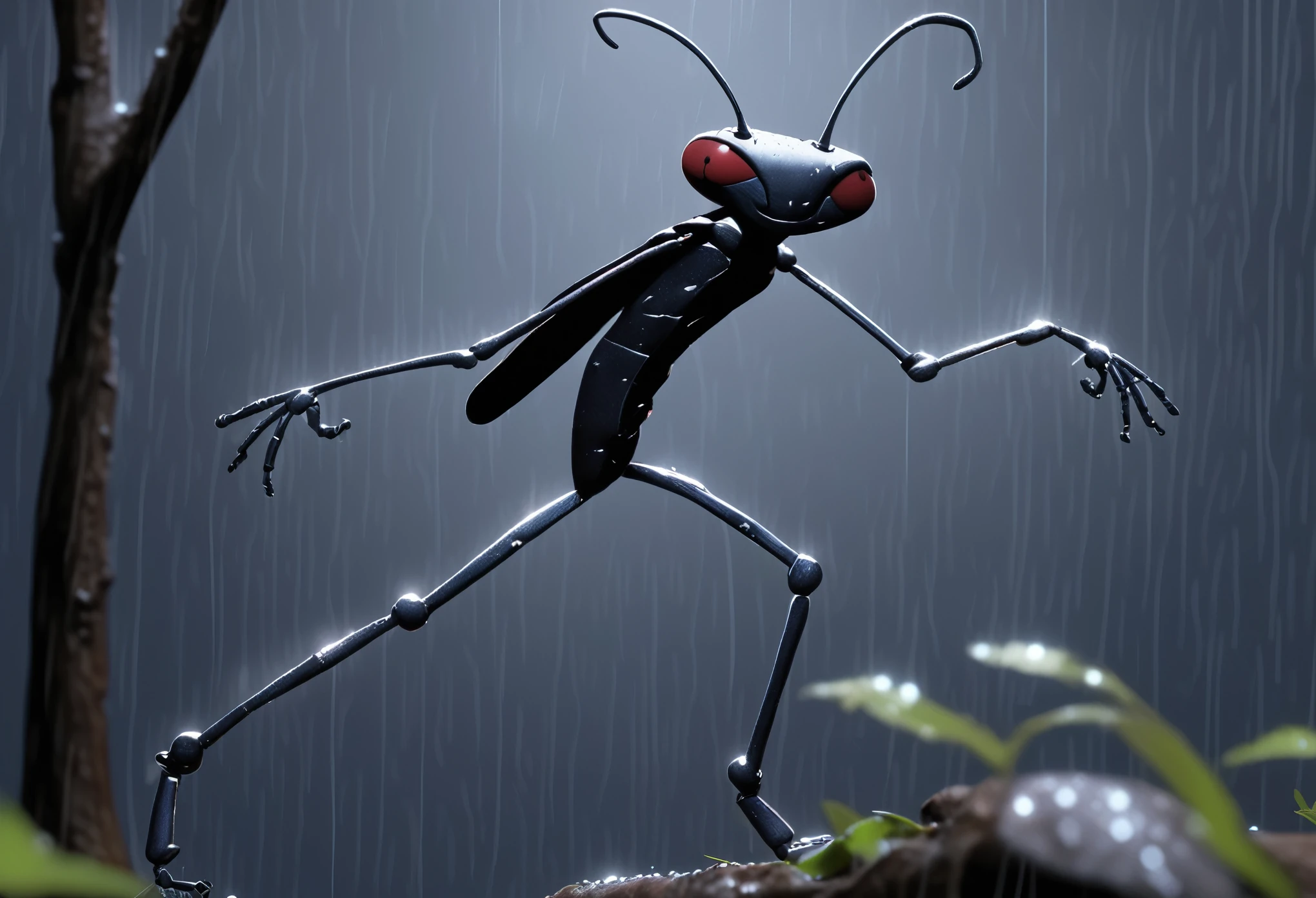 An anthro animated stick insect doing the michael jackson moonwalk dance, in the rain on a tree branch