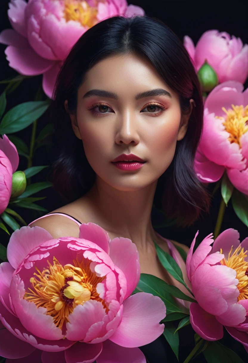 a woman with glowing neon peonies ultra detail, perfect symmetry, 4k flawless skin, photo captured by an Arriflex 35BL camera using Canon K25 prime lenses, cinematic, dramatic lighting, ultra clear, breathtaking surreal masterpiece. sensual pose