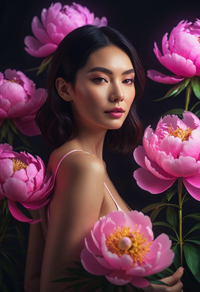 a woman with glowing neon peonies ultra detail, perfect symmetry, 4k flawless skin, photo captured by an Arriflex 35BL camera using Canon K25 prime lenses, cinematic, dramatic lighting, ultra clear, breathtaking surreal masterpiece. sensual pose