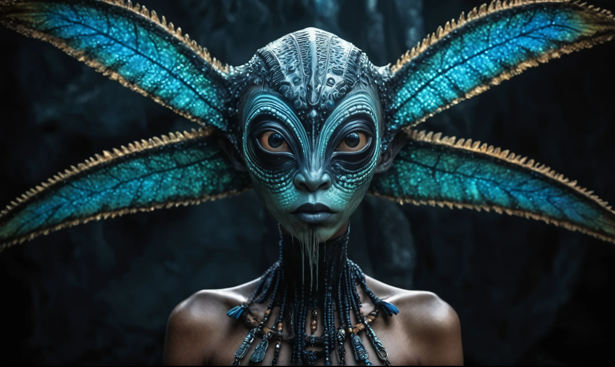 full body length shot,nerd graphite  Alien Entity,native africa slave ,nowadays azctec central city,Cinematic,soft colors, Technicolor,natural skin textures, hyper realism, hyper detailed,Extremely detailed,High contrast,Masterpiece,Realistic,Ultra Detailed, intricate details,realistic humid leather,extremely intricate details,Epic Realistic, cinematic style, irina yermolova,high contrast,hdr,extremely detailed,masterpiece, intricate details, eyes extremely detailed, high detailed eyes,8k resolution,retina, Nikon Z9,Korea,orc,folk Egypt wear, Pisces, transition between two art styles, Double contact, X-ray, Creative, vivid light, fantasy, Abstract, Surrealism, super detailed, high resolution,insanity wear,skin  almost translucent,  symbols of mourning and gothic elements, further emphasizing its dark air,Mestichino,Light particles,chaos,starfish's leather,Raja Ampat of Indonesia
