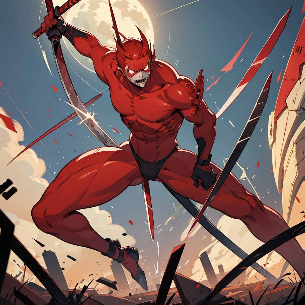 A 20 metre titan from AOT with red and blade skin, bones, a blade attached to its hand and prodcuing electricity through the blade