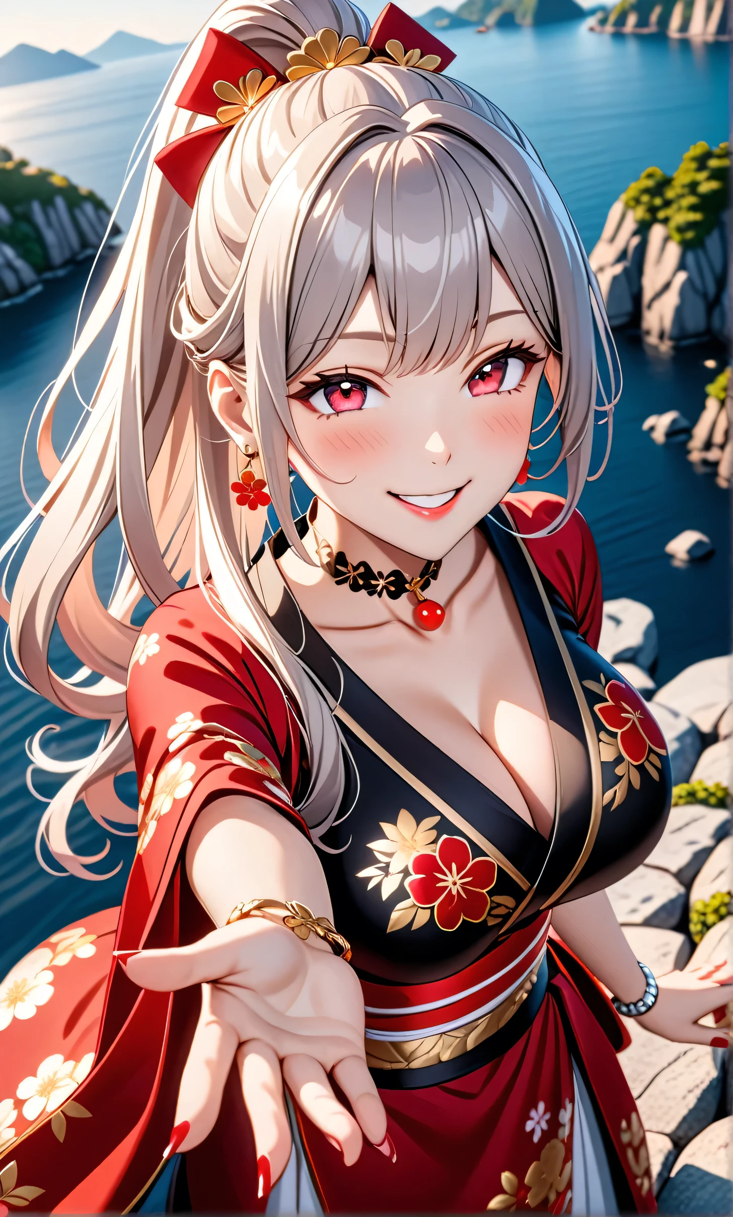 ultra-detailed, ((one girl)), hyper detailed, absurdres, 8K, Beautiful Face, (Laugh shyly), ((teasing smile:1.8)), ((Wink:1.8)), (Laugh with your mouth wide open),(Tilt your head:1.3),(Put your hand over your mouth:1.8), View your viewers, ((Bright red cheeks:1.6)),Glossy Red Lips, ((Big Breasts:1.5)), (valley),night, You can see the sea horizon, firework, (Brighten your face), ((Anime style background)),masterpiece, Highest quality, so beautiful,Latest, Complex details, (Pink long nails), (nail art), (ring),(bracelet), (Floral Choker),AI-generated, Complex,High resolution, Highest quality, super high quality,3D Images、3D Images,One person,(Silver long hair),(High Ponytail), Anime woman posing for a photo, ((Fine grain、blue eyes、glowing eyes:1.4)), (White eyes), (Squint your eyes:1.1),a hyperRealistic , hyperRealistic , Realistic, White long hair anime woman, Smooth anime CG art, A girl in a gorgeous kimono with gold embroidery, ((black furisode:1.3)),(Red large floral pattern) ,Long flower hair ornament,Floral Earrings,Mature Body, tall,Abdominal muscles,Tight waist, ((learning forword+looking up+from above:1.7))