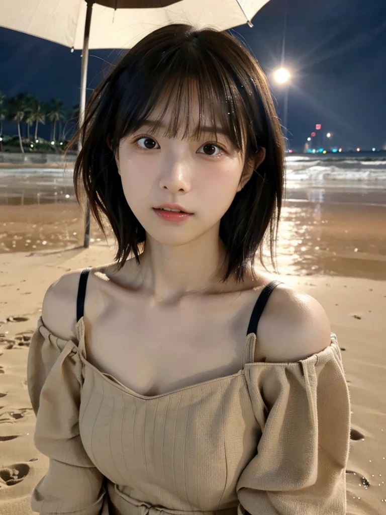 Best quality,raw photo , 19 years old Japanese female idol, leaning forward , v-neck sweater, Short hair, bowl cut ,cute face ,edgy,droop ,murky water , overflowing ,wet ,selfie, on the beach, rain,night,