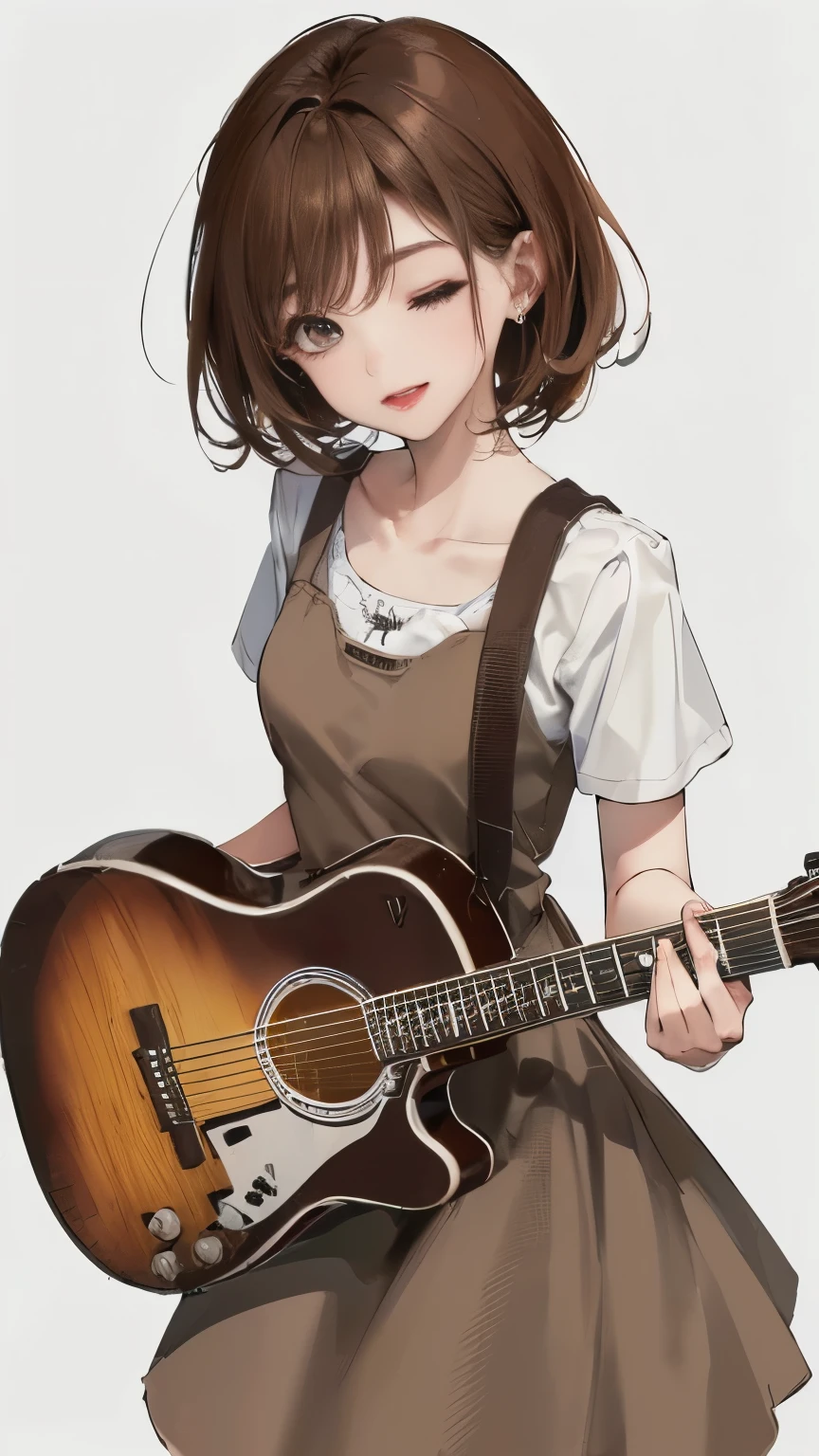 (((White wall background)))、(((Best image quality、8K、Beautiful woman、White wall background)))、(((guitarist、play the guitar)))、(((Short Hair Woman)))、(((Brown Hair)))、(((Eyes closed)))、(((Wearing a brown dress)))、(((Pure white background)))