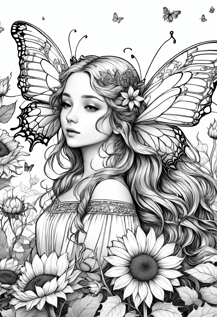 A delicate fairy with butterfly wings resting on a giant sunflower, clean line art, white background, colouring page, clean outline, sketch style, floral frame, decorative panel, abstract ,sketch, character lines and scenes without colors and shadows. (Masterpiece, Best Quality, Highres:1.4), Detailed, Intricate Details, 4K, color splashes, line art