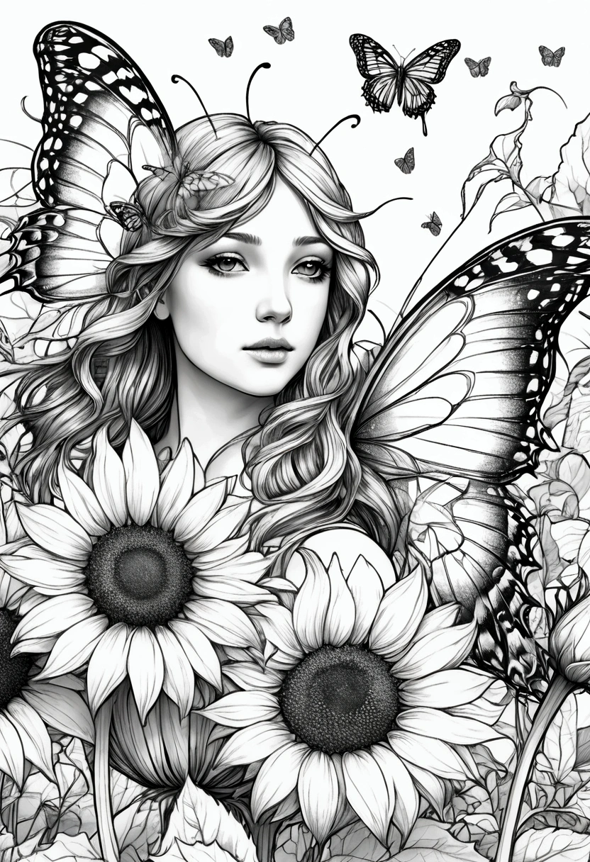 A delicate fairy with butterfly wings resting on a giant sunflower, clean line art, white background, colouring page, clean outline, sketch style, floral frame, decorative panel, abstract ,sketch, character lines and scenes without colors and shadows. (Masterpiece, Best Quality, Highres:1.4), Detailed, Intricate Details, 4K, color splashes, line art