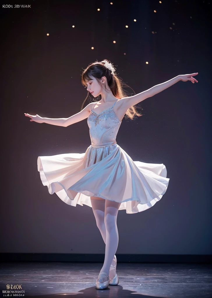 (Realistic, photo-Realistic:1.37),(8K, RAW Photos, Highest quality, masterpiece:1.2), cute, Ultra-detailed, 超High resolution, Kodak Vision Color, Filmed with an Arricam LT camera,Highest quality, Lively, 8K, High resolution, 1 girl, Escape, (Professional Lighting), (Portraiture:0.6), Brown Hair,21 years old、slender、ballet。Ballerina with graceful poses and movements dances gracefully on stage。Soft lighting and excellent shadow representation、Expressing an emotional and romantic atmosphere。Be fascinated by the subtle details and vividness of colors in dresses and tights。The stage background is amazing.、Starry sky and moonlight sparkle、Improve dance performance。