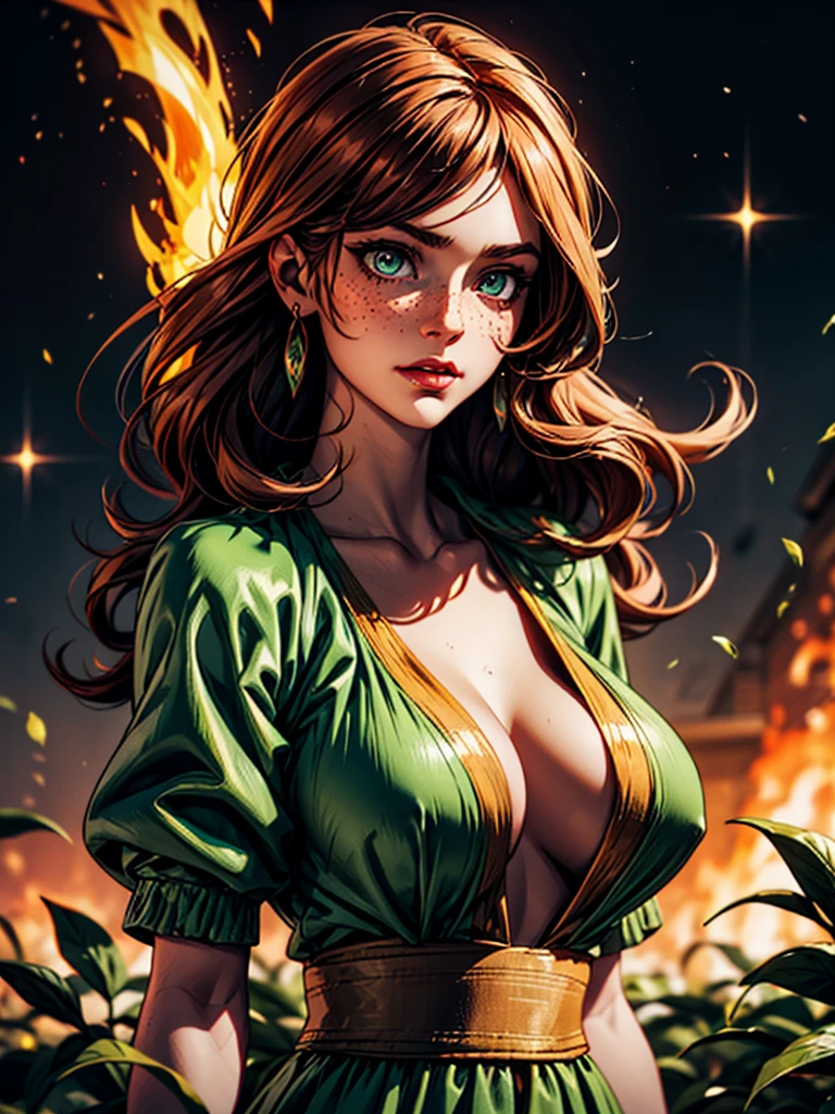 Luma is a elegant person, she is beautiful And have a strong posture, she has breasts that have a voluminous proportion, a pear feminine silhouette, Auburn hair, long Auburn hair, She has expressive eyes, ( Only eyes olive green) Her skin is fair and she has some light freckles on her cheek bones, busty, Farm, Brown rustic clothes, boho clothes, farm boho fashion clothes, romantic vibes, fire lights, fire sparkles, flowers clothes the hair to be half straight and half with curled ends cartoon, sultry look, seductive,
